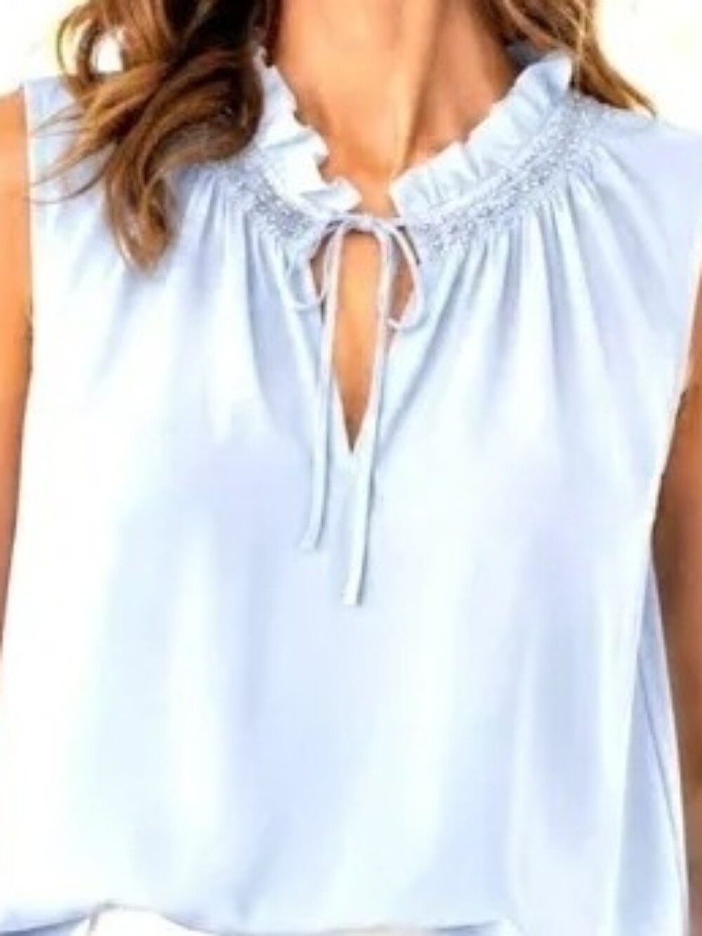 Karl Lagerfeld Light Blue Ruffled with Pearl Tie-Neck Sleeveless Blouse. Sz: SP